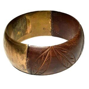 VTG Half Wood Carved Etched and half Hammered Brass Bangle 2.4" wide